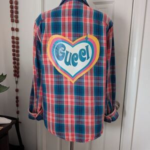 Repurposed Vintage Blue and Pink Gucci Heart Plaid Button-Down Shirt